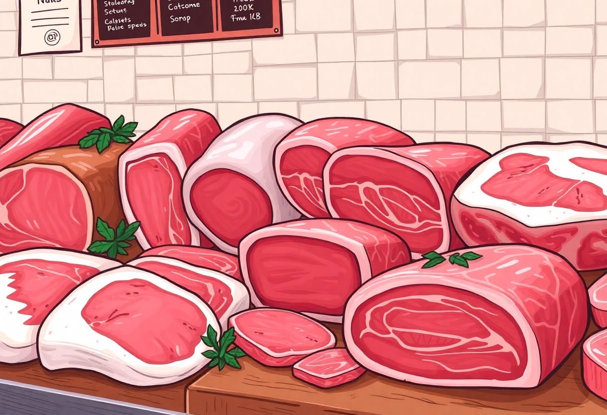 Différentes pièces de bœuf sur un étal de boucher