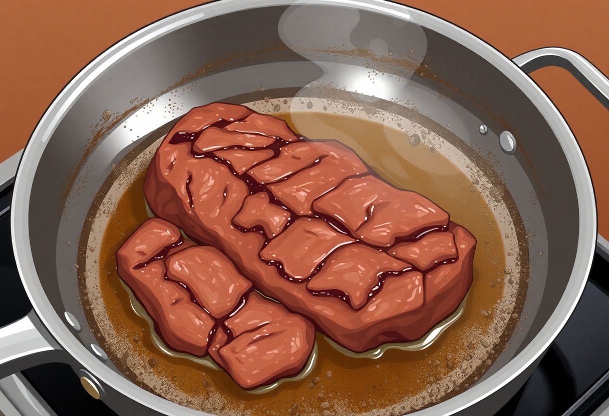 Rôti de bœuf en train de brunir dans une poêle