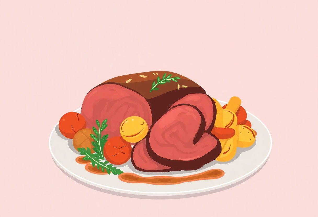 Présentation élégante d'un plat de rosbeef et légumes rôtis