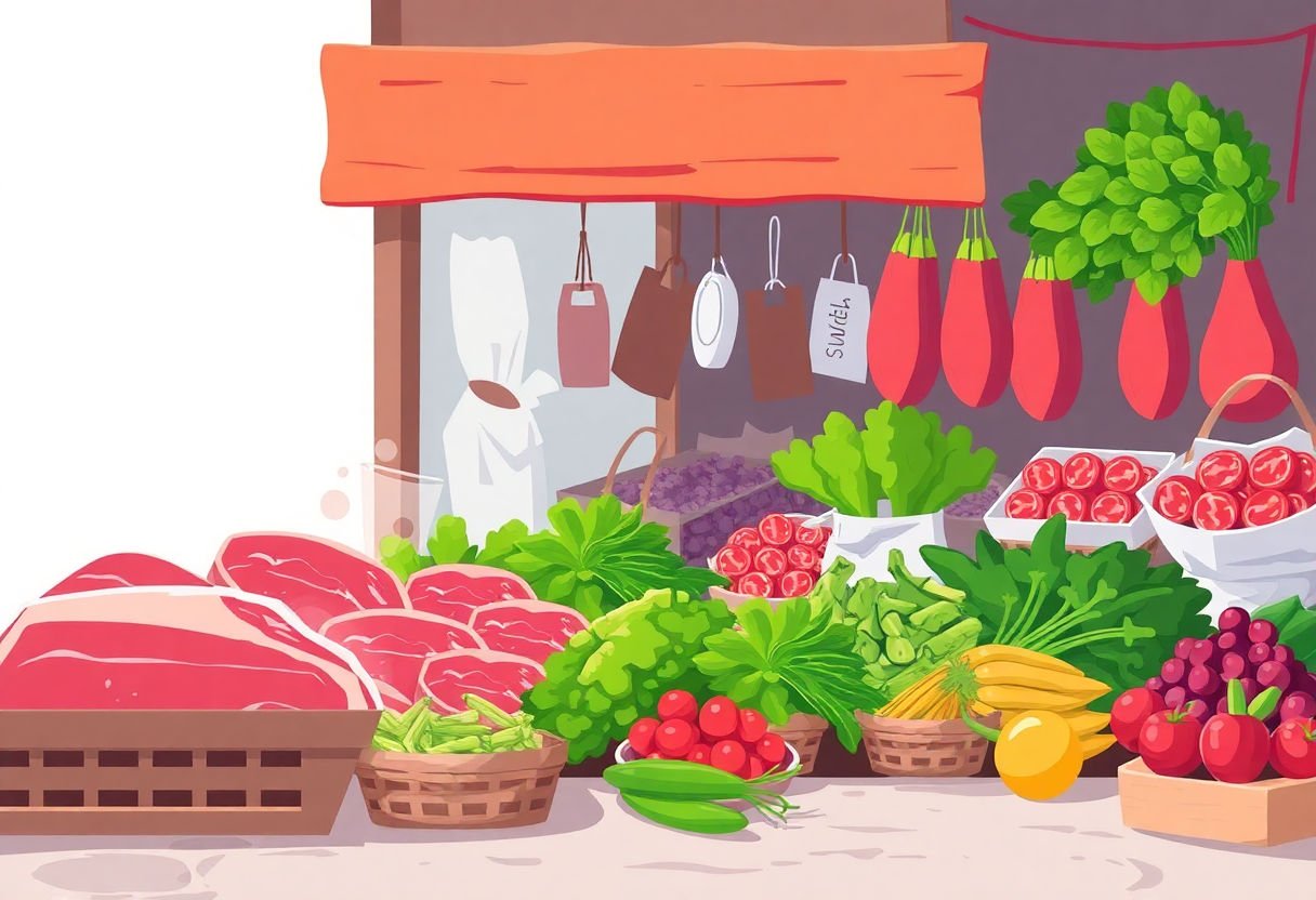 Marché avec bœuf frais et légumes