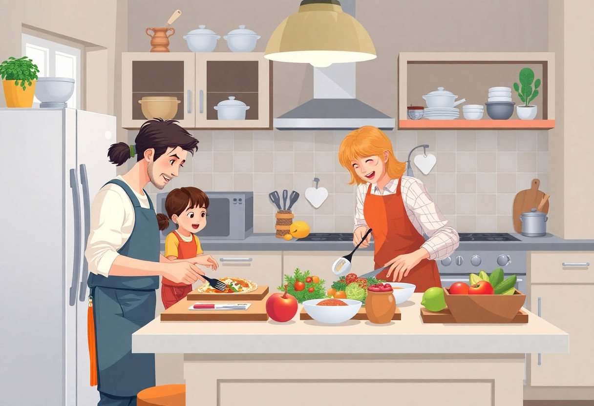 Famille préparant un dîner dans une cuisine bien équipée