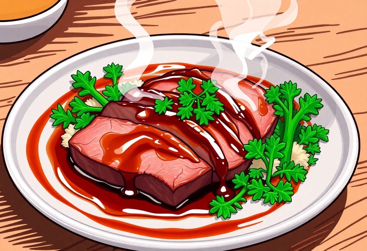 Plat de rosbeef à la sauce teriyaki joliment présenté