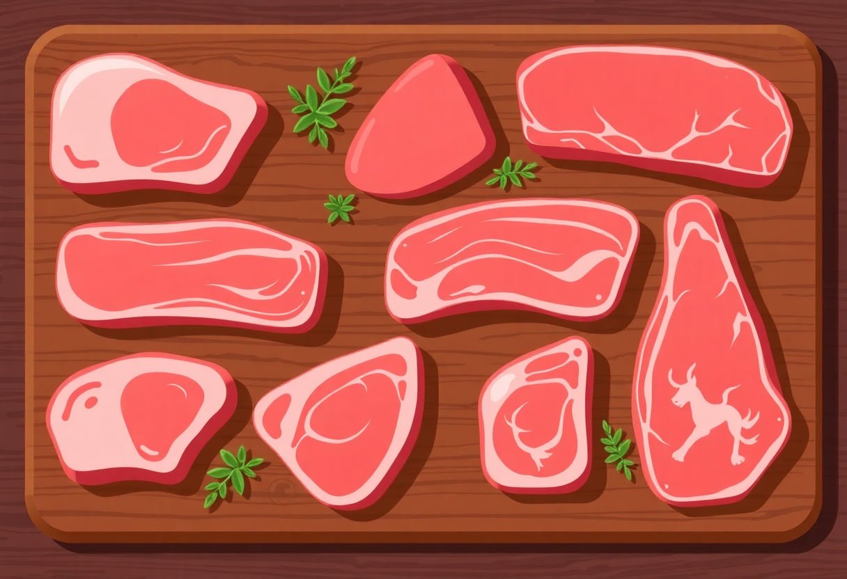 Différentes coupes de viande présentées sur une planche.