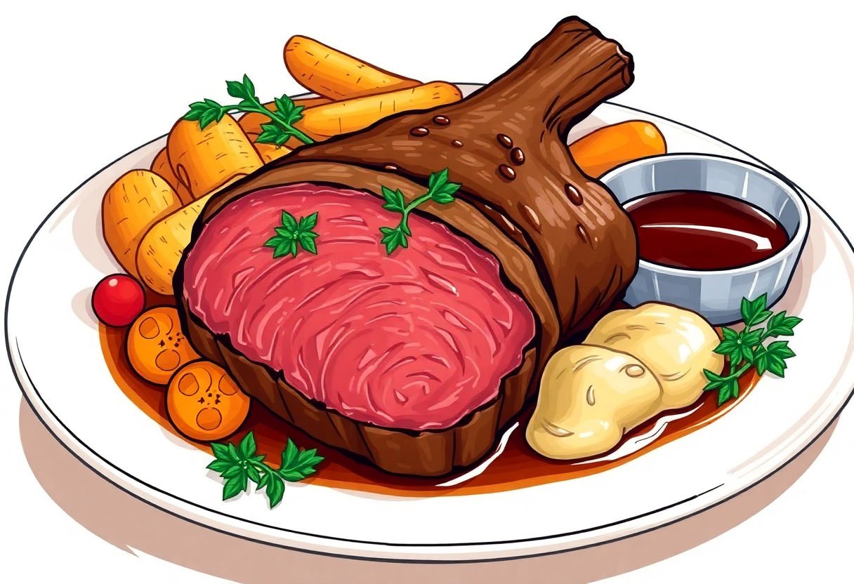 Rosbeef servi avec des légumes et une sauce.