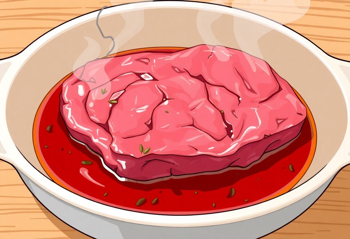 Rosbeef en train de mariner dans un plat.