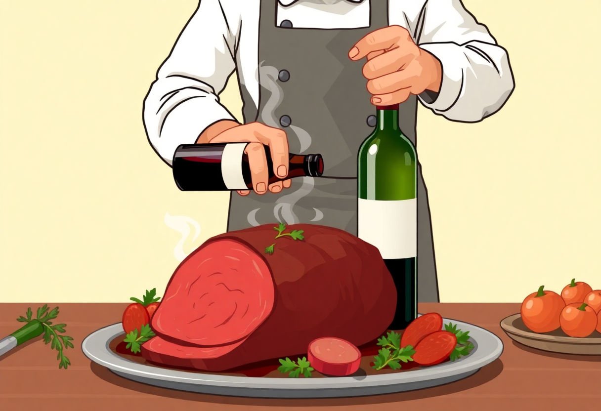 Cuisinier préparant un rosbeef avec une bouteille de vin
