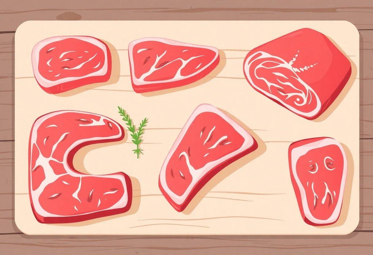 Différents morceaux de bœuf sur une planche de bois