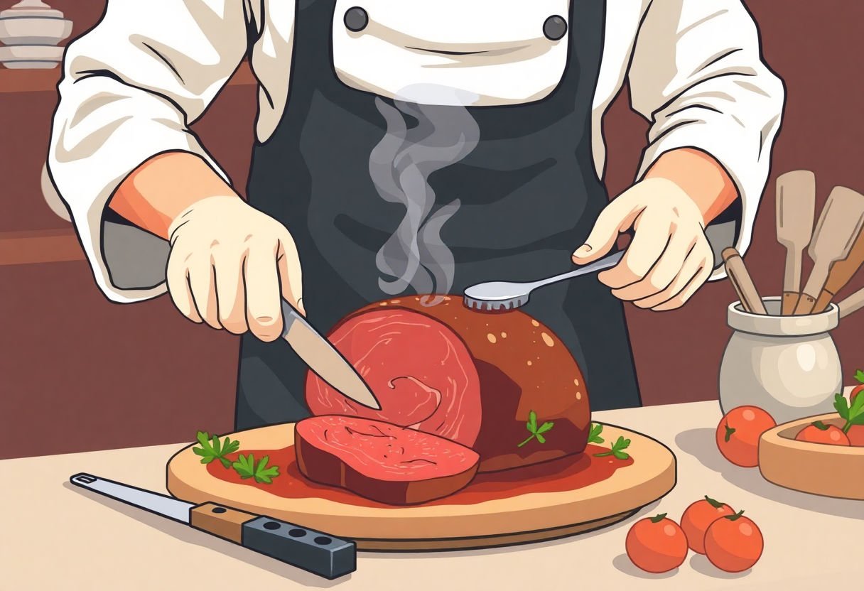 Chef préparant un rôti de bœuf avec des outils de cuisine